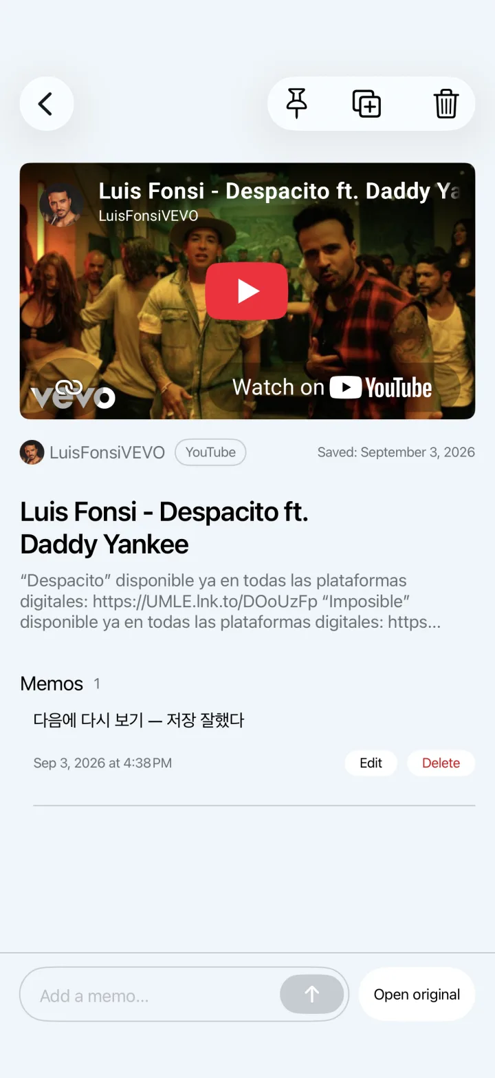 Item detail — a YouTube player, author and platform, title and text, and a note with a note composer below